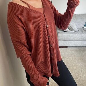 Abercrombie & Fitch Ribbed Button-Front Cardigan - Rust Orange